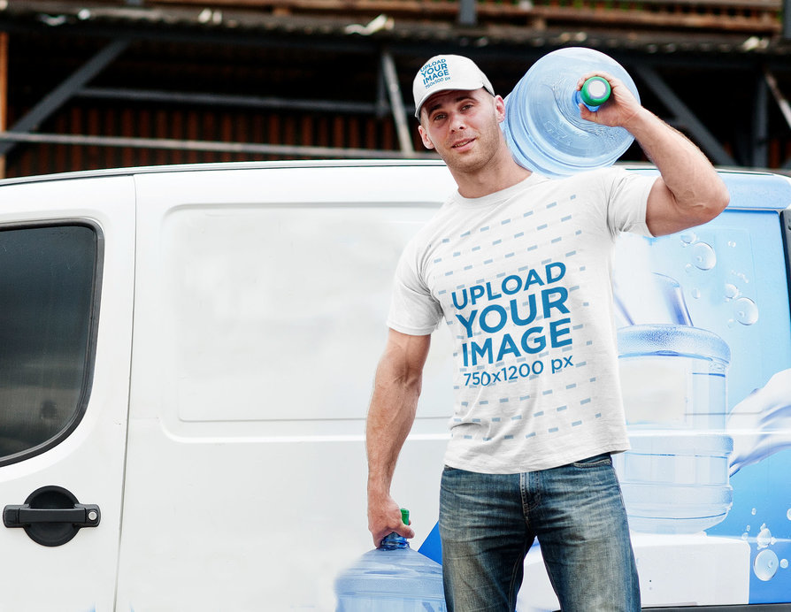 T-Shirt and Dad Hat Mockup Featuring a Strong Man Carrying a Bottle of Water