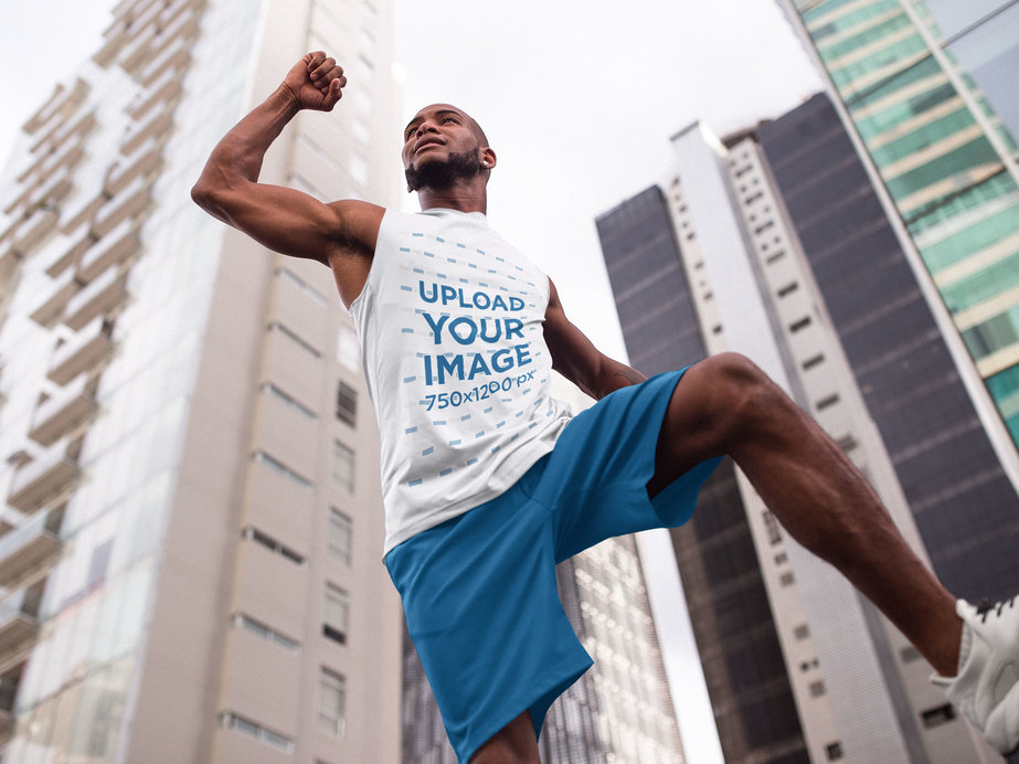 Sleeveless Shirt Mockup of a Man Jumping in the City While Wearing Custom Sportswear
