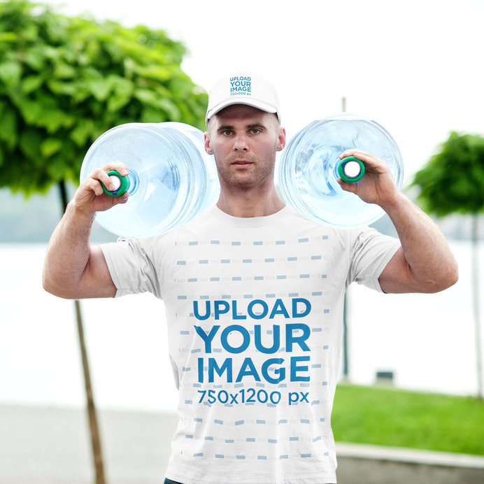 T-Shirt and Dat Hat Mockup of a Delivery Man Carrying Two Water Jugs