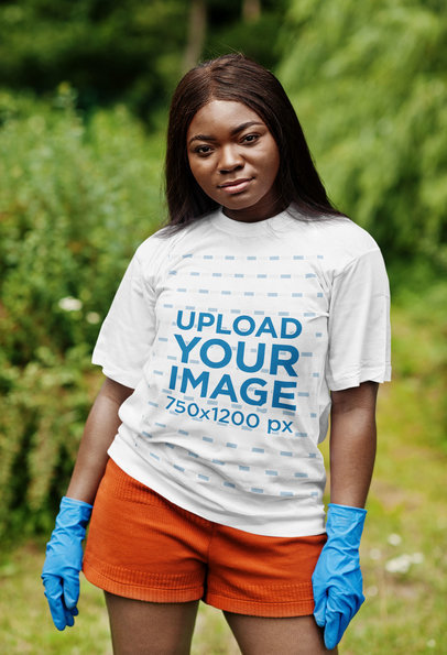 Round-Neck T-Shirt Mockup Featuring a Woman With Plastic Gloves m7241 r-el2