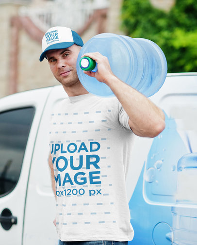 T-Shirt and Trucker Hat Mockup Featuring a Delivery Man Carrying a Bottle of Water m5285 r-el2
