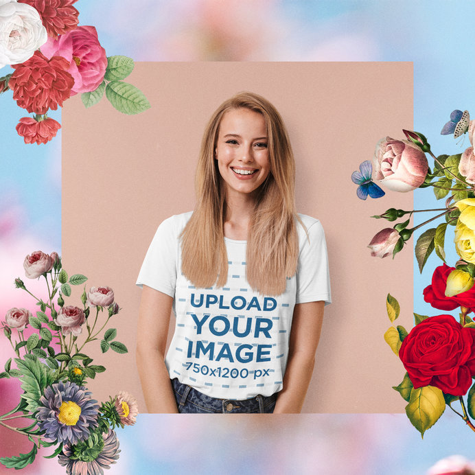 T-Shirt Mockup Featuring a Woman and Floral Ornaments