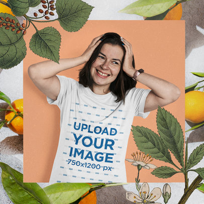 Basic T-Shirt Mockup Featuring a Happy Young Woman and a Botanical Frame
