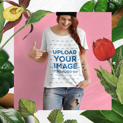 T-Shirt Mockup Featuring a Tattooed Woman and a Floral Frame