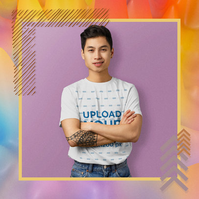 T-Shirt Mockup of a Tattooed Man in an Illustrated Frame