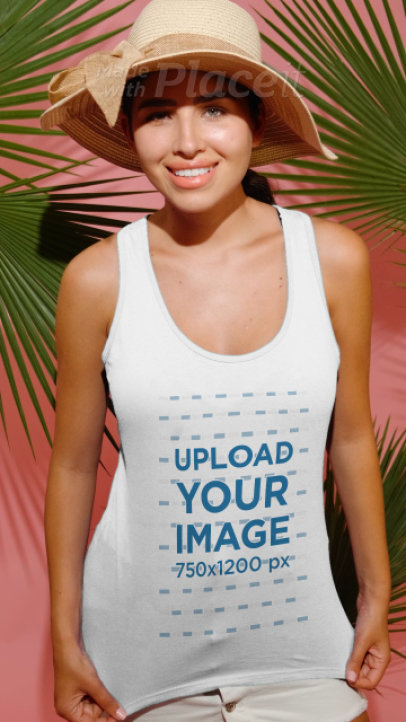 Tank Top Video of a Woman Posing in a Summer Outfit by Palm Leaves