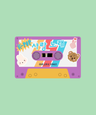T-Shirt Design Template Featuring a Cassette with Cute Kawaii Animal Graphics
