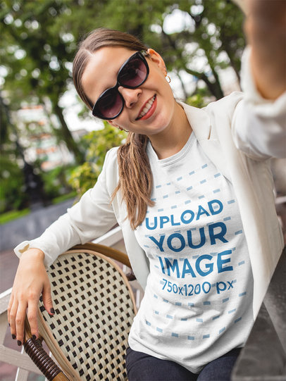 Selfie of a Business Woman Wearing a Round Neck Tee at a Cafe