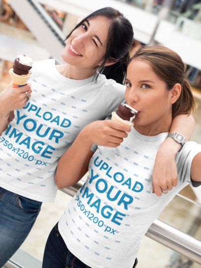 Selfie of Two Women Wearing Round Neck Tees Mockup While Having Ice Cream