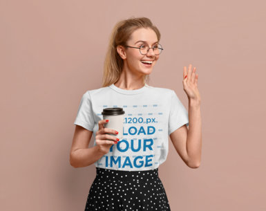 T-Shirt Mockup of a Happy Woman Greeting Someone