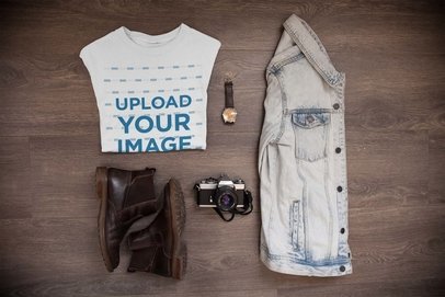 Folded T-Shirt Mockup Alongside a Denim Jacket and Accessories