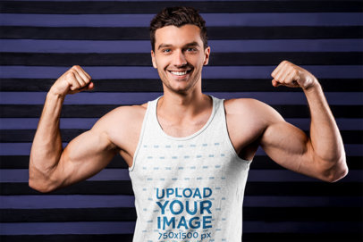 Heathered Tank Top Mockup Featuring a Smiling Man Flexing His Arms m10325 r-el2