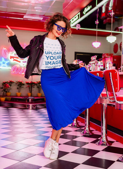 Retro T-Shirt Mockup of a Woman Dancing at a Milkshakes Restaurant