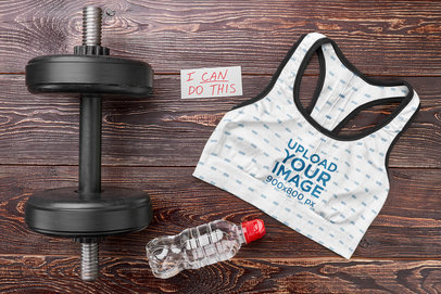 Sports Bra Mockup Featuring a Dubmbbell and a Bottle of Water m8307 r-el2