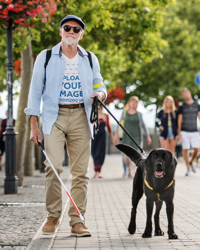 V-Neck T-Shirt Mockup of a Senior Man Walking His Dog