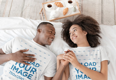 T-Shirt Mockup of a Happy Man and Woman Having a Romantic Breakfast Date