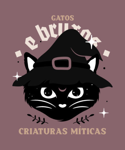 Illustrated T-Shirt Design Maker Featuring a Cat Wearing a Witch Hat