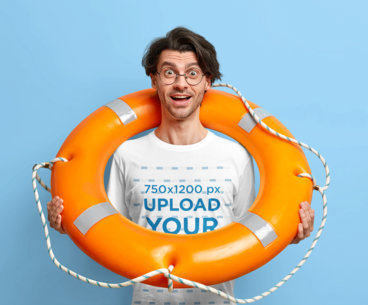 T-Shirt Mockup of a Man With a Lifesaver in a Studio