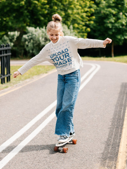 Long Sleeve Tee Mockup Featuring a Happy Girl on a Skateboard m12489-r-el2