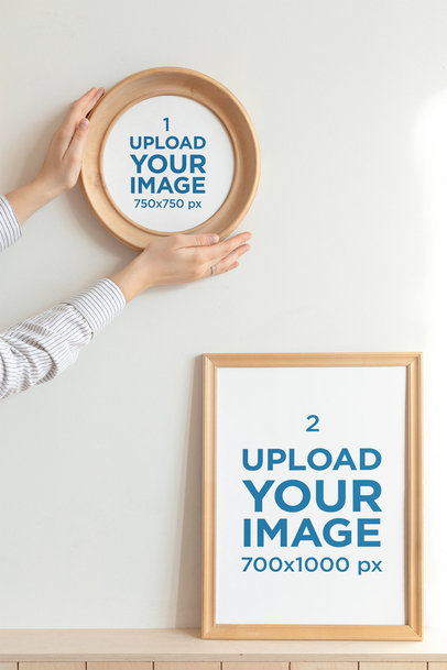Art Print Mockup of a Woman Posing a Round Frame Next to a Rectangular One m9229-r-el2