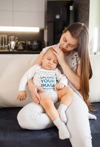 Onesie Mockup Featuring a Sleeping Baby with His Mother m8565 r-el2