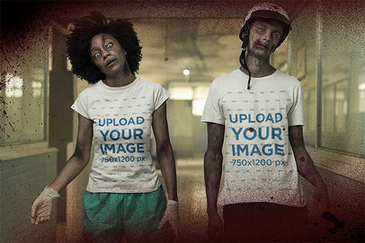 Halloween T-Shirt Mockup Featuring Two Zombies Walking in a Hospital Hall