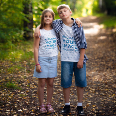 T-Shirt Mockup of Two Cute Kids Hugging in the Woods