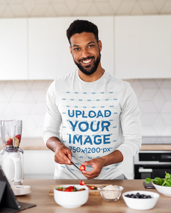 Long Sleeve Tee Mockup Featuring a Happy Man Making a Milkshake