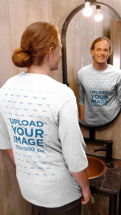 Three-Quarter Sleeve Tee Video of a Smiling Man Standing in Front of a Mirror