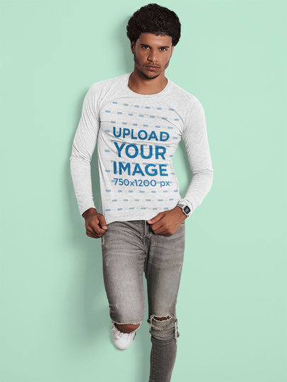 Heathered Long Sleeve Tee Mockup of a Man Leaning on a Wall