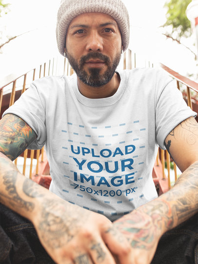 Mockup of a Man Wearing a Round Neck Tee While Looking to the Camera