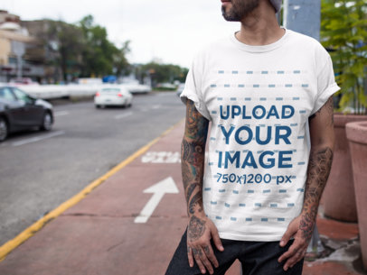 Cropped Face Urban Man Wearing a T-Shirt Mockup While at Downtown