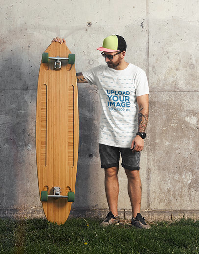 T-Shirt Mockup of a Man with Tattooed Arms Holding a Skateboard