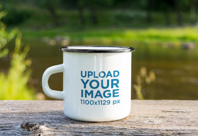 Mockup of an Enamel Mug Placed on a Wooden Surface by a Pond