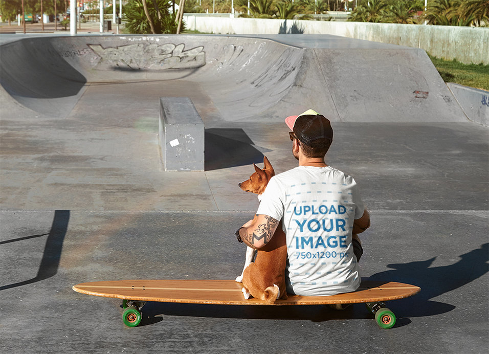 Back-View T-Shirt Mockup of a Skater Hugging His Dog