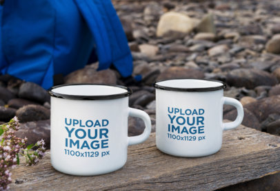Mockup of Two Enamel Mugs Placed Over a Wooden Plank