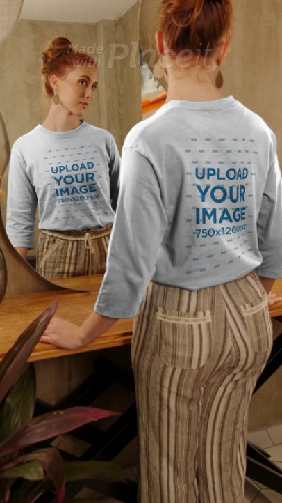 Three-Quarter Sleeve Tee Video of a Woman Looking at Herself in a Mirror 4040v