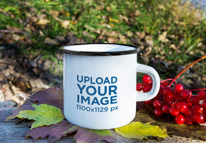 Mockup of an Enamel Mug Placed on Some Leaves in Nature