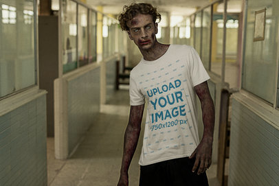 Halloween Mockup of a Zombie in a T-Shirt Walking in a Hospital Hall