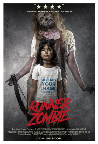 T-Shirt Mockup Featuring a Little Girl and a Zombie in a Movie Poster-Style