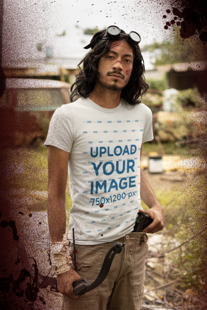 T-Shirt Mockup Featuring a Man in a Post-apocalyptic Scenario