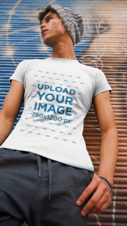 Round-Neck Tee Video of a Man Posing by a Spray-Painted Grafiti