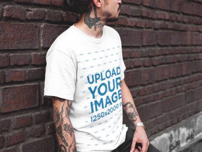 Template of a Tattooed Middle Age Man Wearing a Tshirt While Against a Bricks Wall a17079