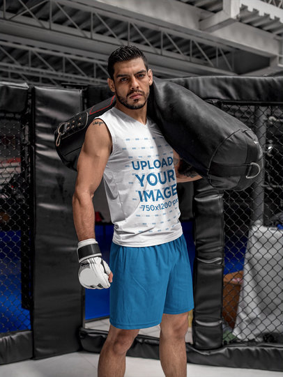 Fitness Mockup of a MMA Student Wearing a Sleeveless Shirt at the Hexagon