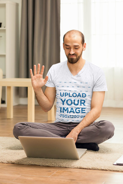 Heathered V-Neck T-Shirt of a Man Saying Hello in a Conference Call m13961 r-el2