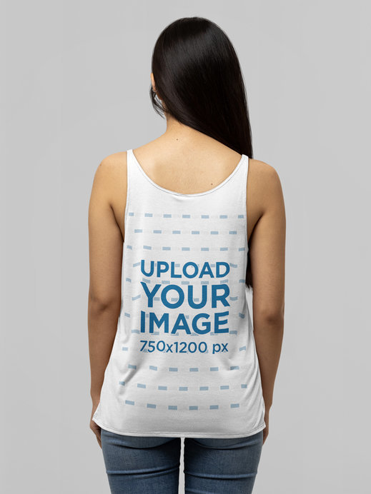 Mockup of the Back of a Dark-Haired Woman Wearing a Bella Canvas Tank Top