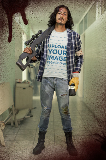 T-Shirt Mockup Featuring a Zombie Apocalypse Survivor at an Abandoned Hospital
