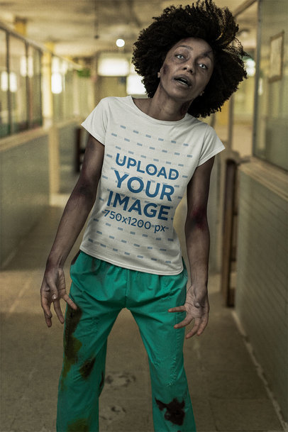 T-Shirt Mockup Featuring a Zombie in a Hospital Corridor