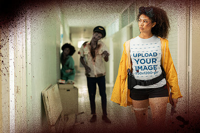 T-Shirt Mockup of a Young Woman in a Zombie-Themed Scenario