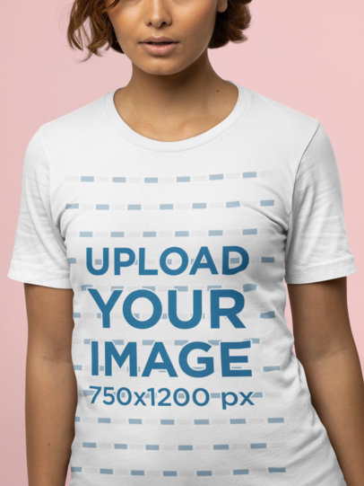 Closeup Mockup of a Woman with Curly Hair Wearing a Bella Canvas Tee